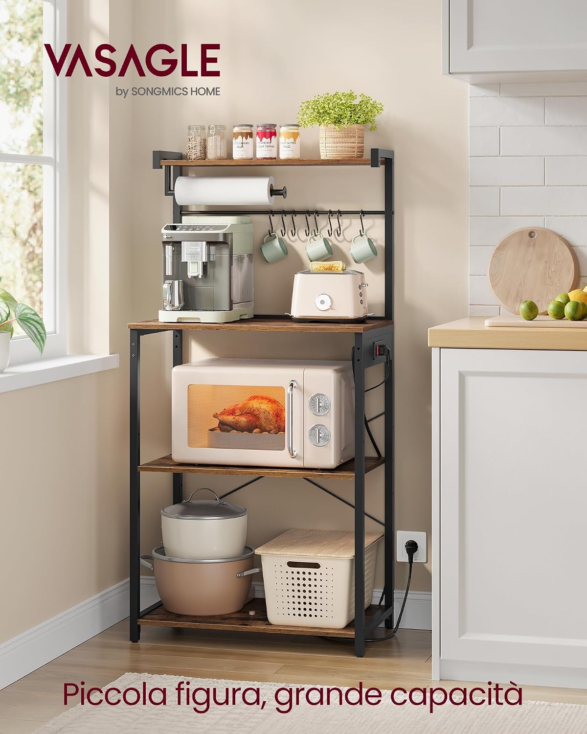 Detalle 2 de VASAGLE KKS013KD02 Scaffale da cucina con multipresa, 4 ripiani e 8 ganci a S (40 x 45 x 140 cm)