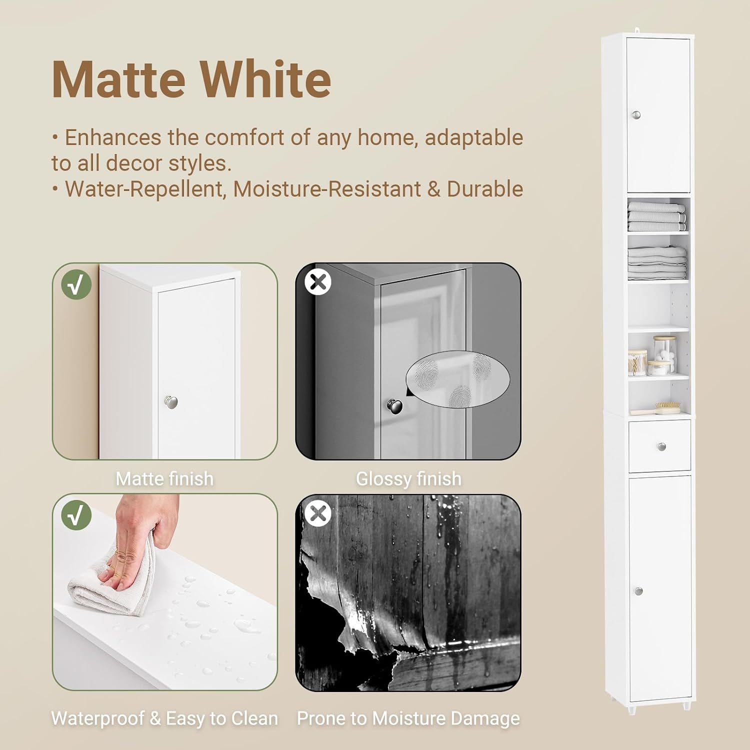 Detalle de SoBuy BZR34-W Bathroom Cabinet, 20 cm Slim White Storage with Adjustable Shelves