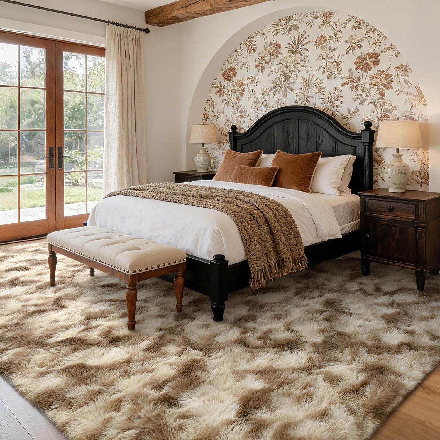 Thumbnail 2 de 5x7 Ft Large Shag Rug in Khaki — Ultra-Soft Tie-Dyed Plush for Bedroom & Living Room