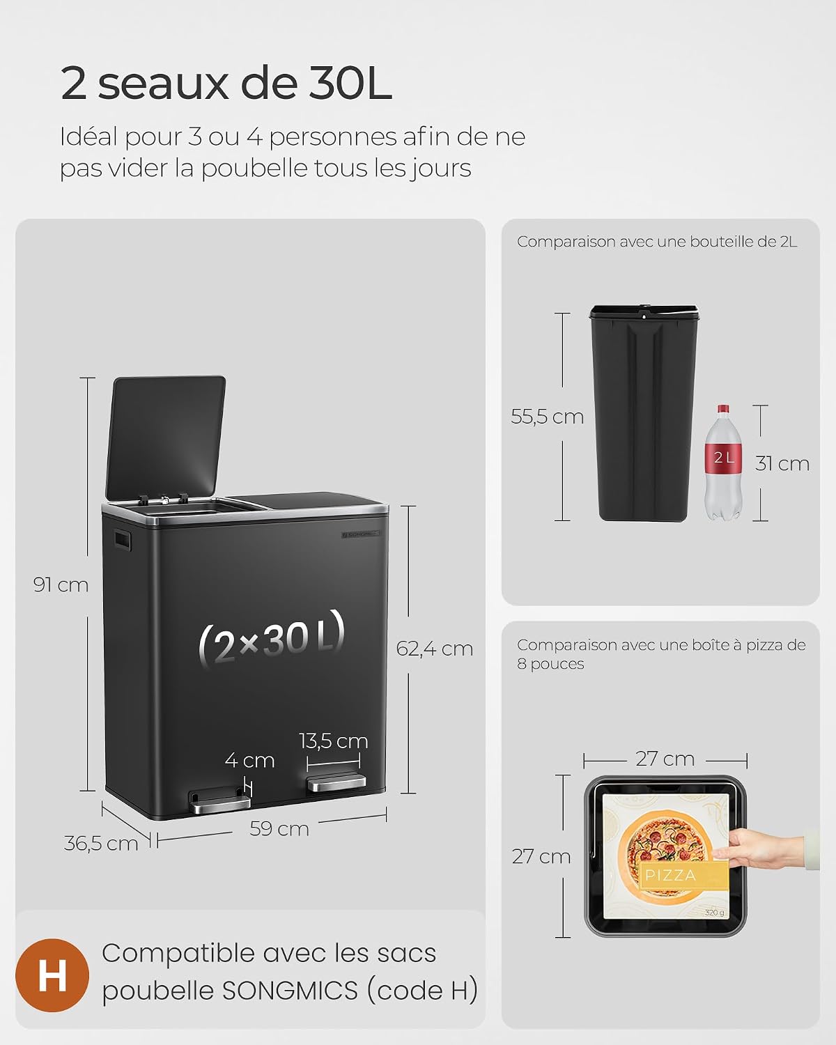 Thumbnail 4 de SONGMICS Poubelle Cuisine Tri Sélectif 2 x 30L noir LTB60BK – séparation pratique et fermeture douce