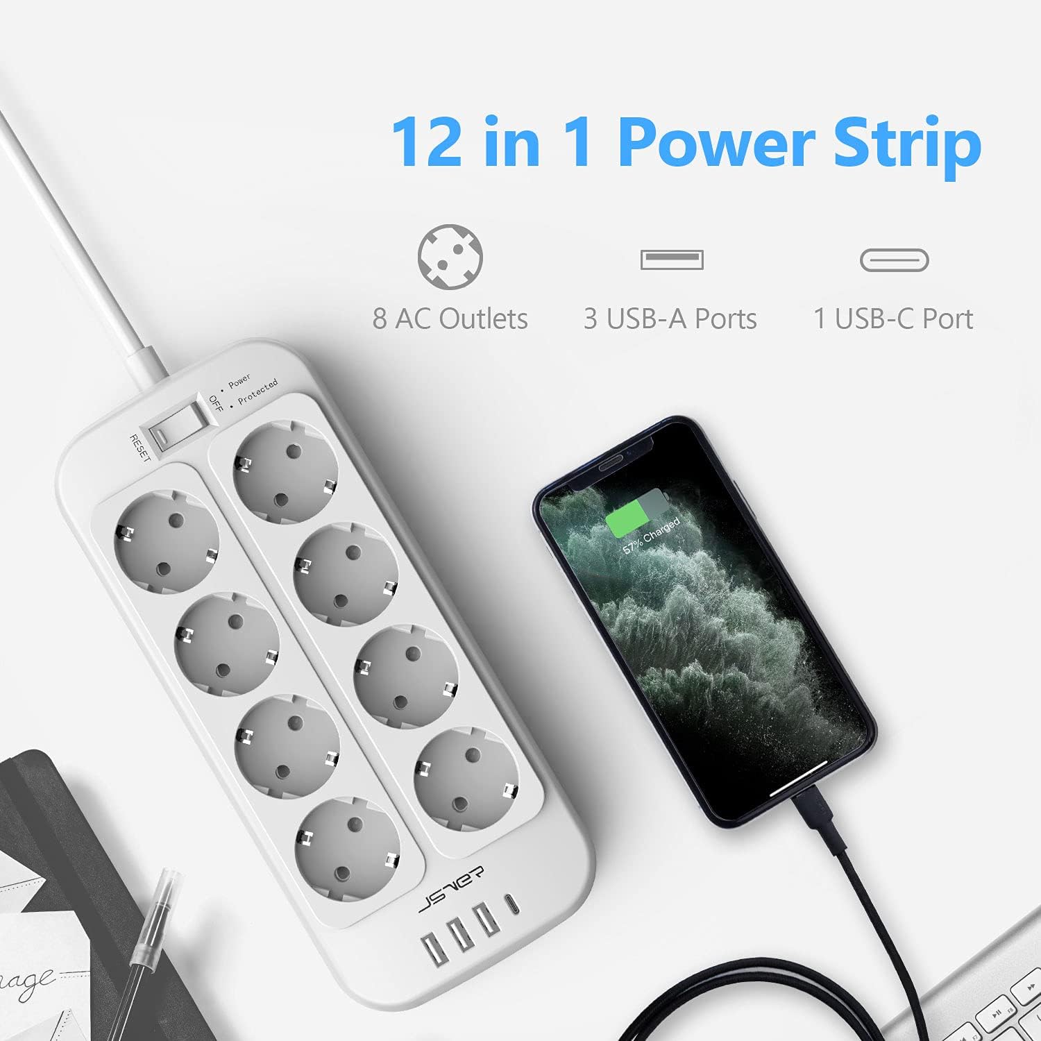 Thumbnail 1 de JSVER Steckdosenleiste 8F USB-C Ladeanschlüsse 3680W