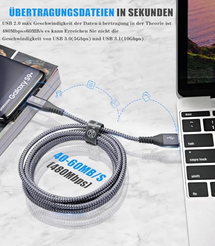 Detalle de sweguard USB C Kabel 3.1A – 2 Stück, 3 m: Nylongeflochtenes Schnellladekabel für eine breite Kompatibilität