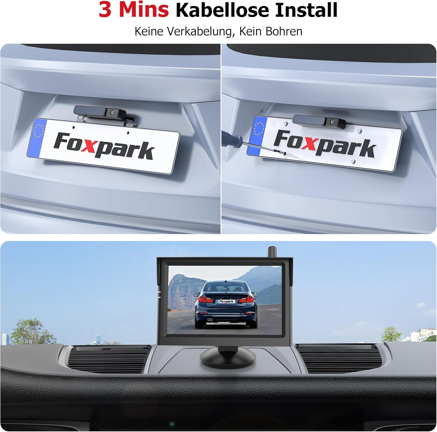 Detalle 2 de Foxpark 5" Solar Rückfahrkamera kabellos Set mit HD1080P Monitor und 2-Kanal-Unterstützung (IP69K)