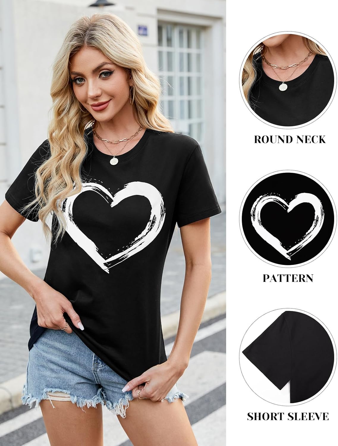 Thumbnail 2 de TOMEEK T Shirt Donna Cotone Nera a Collo Rotondo - Maglietta a Manica Corta con Stampa Casual