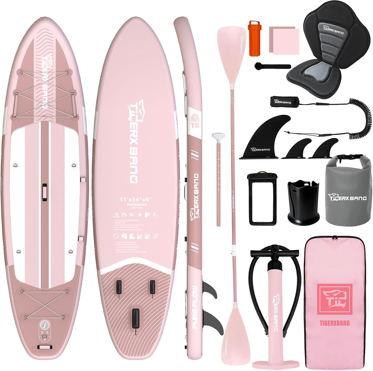 TIGERXBANG Aufblasbares Paddle Board mit Sitz – 335 x 86 x 15 cm, Komplettes ISUP-Set für 2+1 Personen