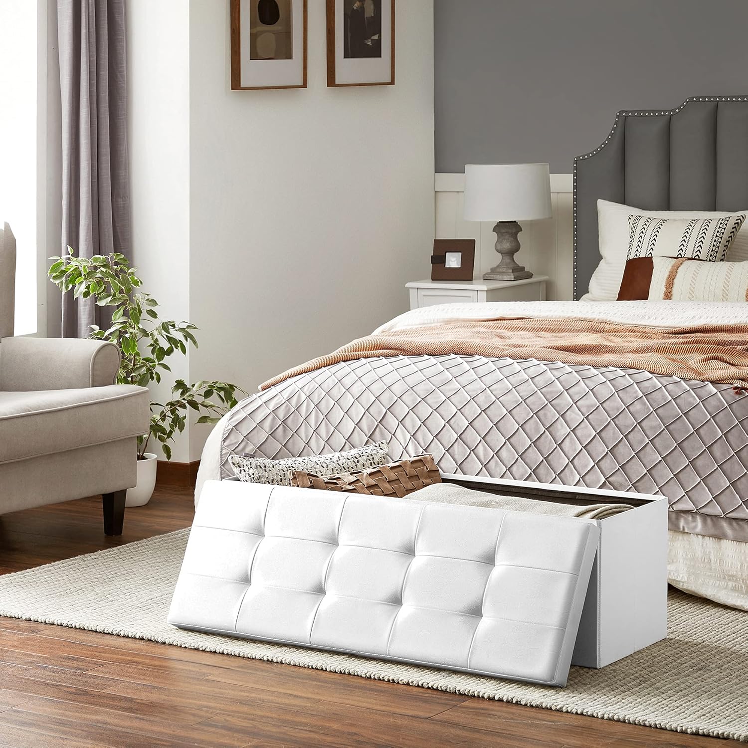 Detalle de SONGMICS Pouf Contenitore 131 L - Cassapanca da 110 cm, coperchio ribaltabile, sedile imbottito, bianco LSF75WT