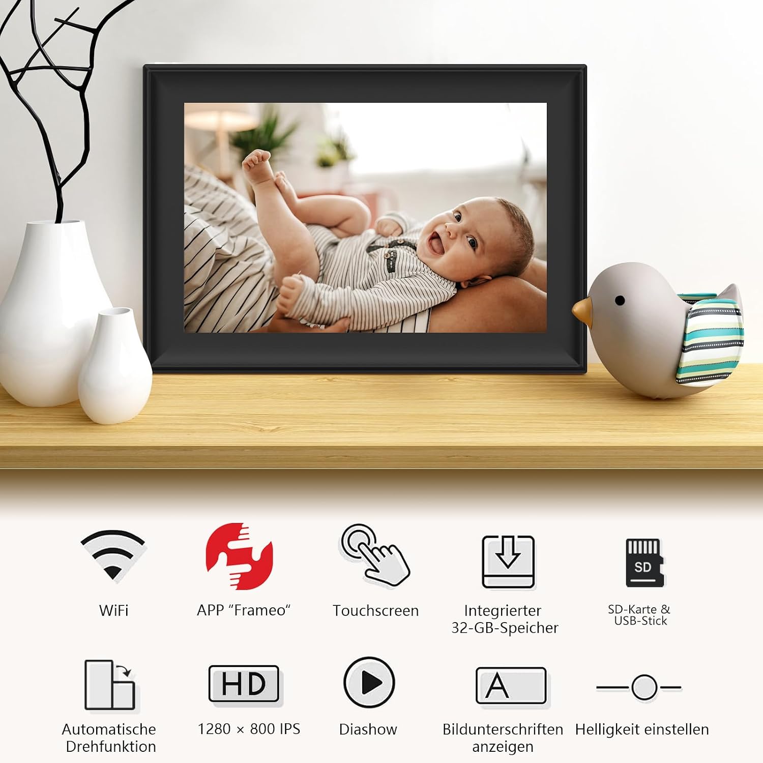 Detalle de Frameo Cornice Fotografica Digitale WiFi da 10,1” dxmart con touchscreen e rotazione automatica