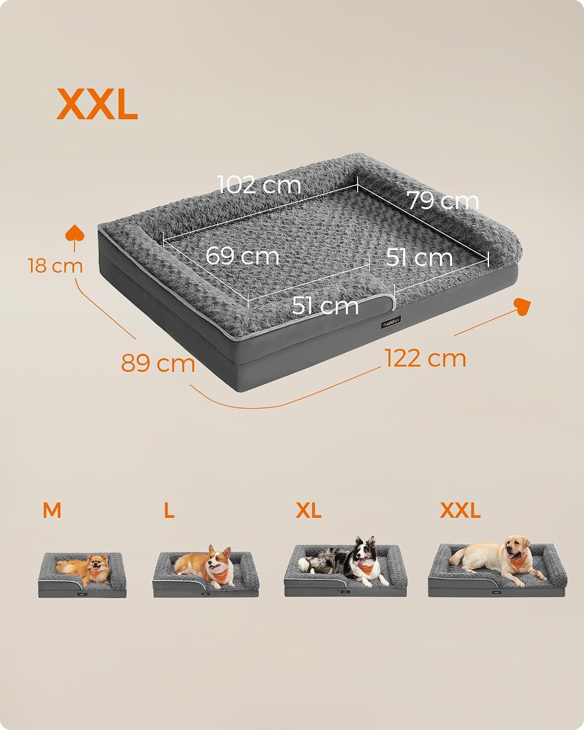 Detalle de Feandrea Orthopedic Dog Bed for Large Dogs with Memory Foam and Waterproof Liner (122 x 89 x 18 cm)