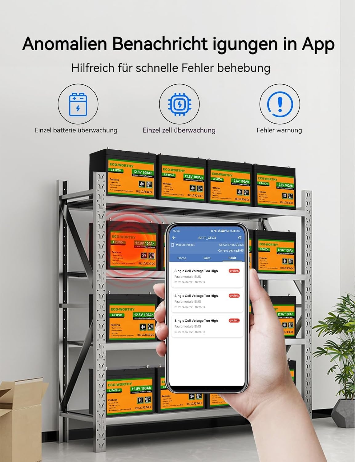 Detalle de ECO-WORTHY 12 V 100 Ah LiFePO4-batteri med Bluetooth och lågtemperaturskydd