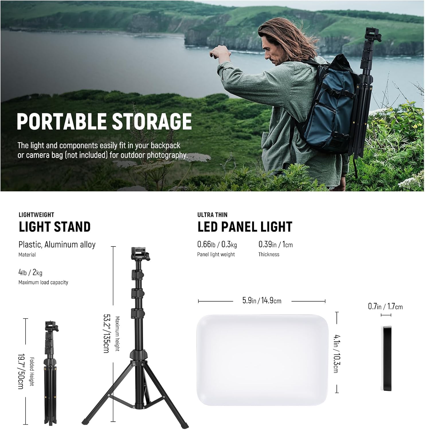 Thumbnail 5 de NEEWER BASICS Kit di illuminazione a pannello LED per video, 2 pezzi, bicolore 3200K–5600K (CRI95) con stativi e filtri