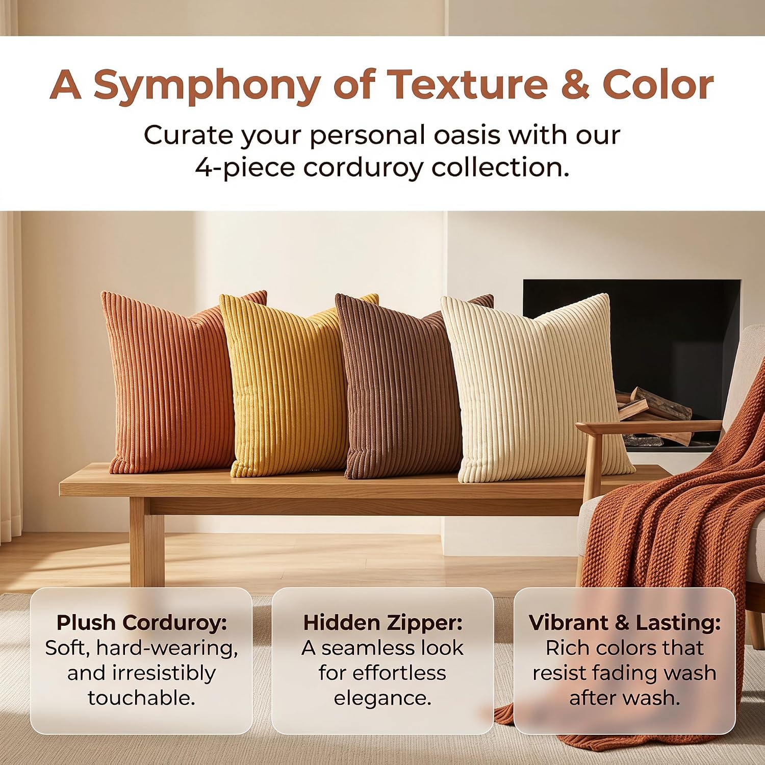 Detalle de Cogavoo 4-Pack Corduroy Soft Striped Cushion Covers – 45x45 cm