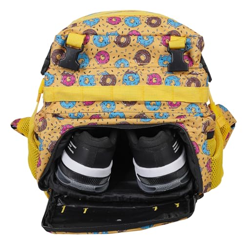 Detalle de Mochila Táctica 45L ELITRAINX – Cabina avión, Oxford 1000D impermeable, bolsillo para zapatillas y ordenador, Amarillo Donuts