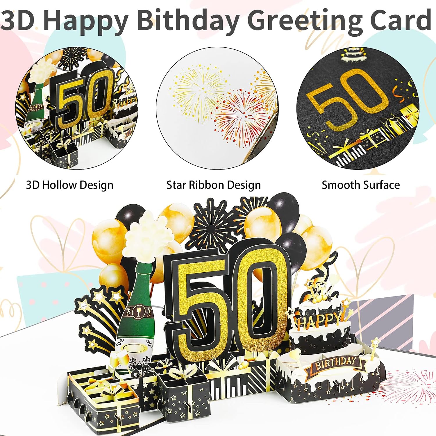 Detalle de Joyoldelf Biglietto di Auguri di Compleanno 50° Pop-Up 3D con Busta - Per Donne, Mamme, Ragazze, Uomini, Amici