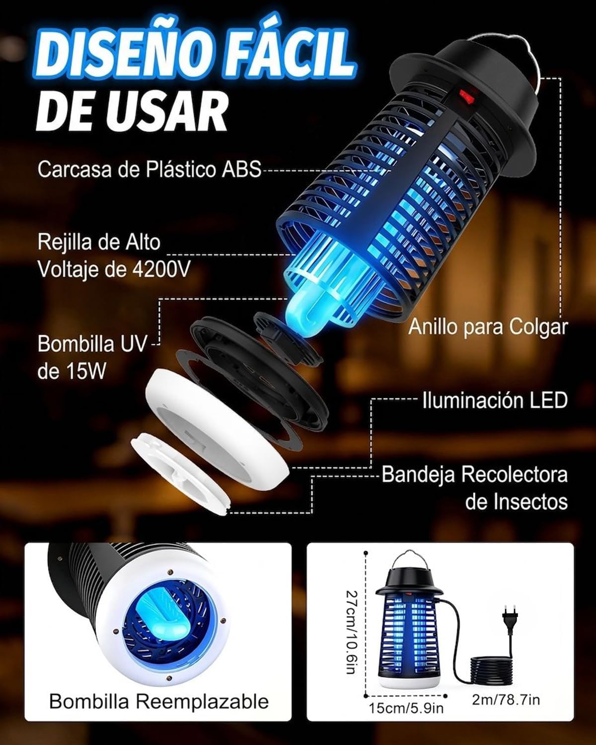 Detalle 2 de Mata Mosquitos Eléctrico Molxss: Lámpara Antimosquitos para Interior y Exterior