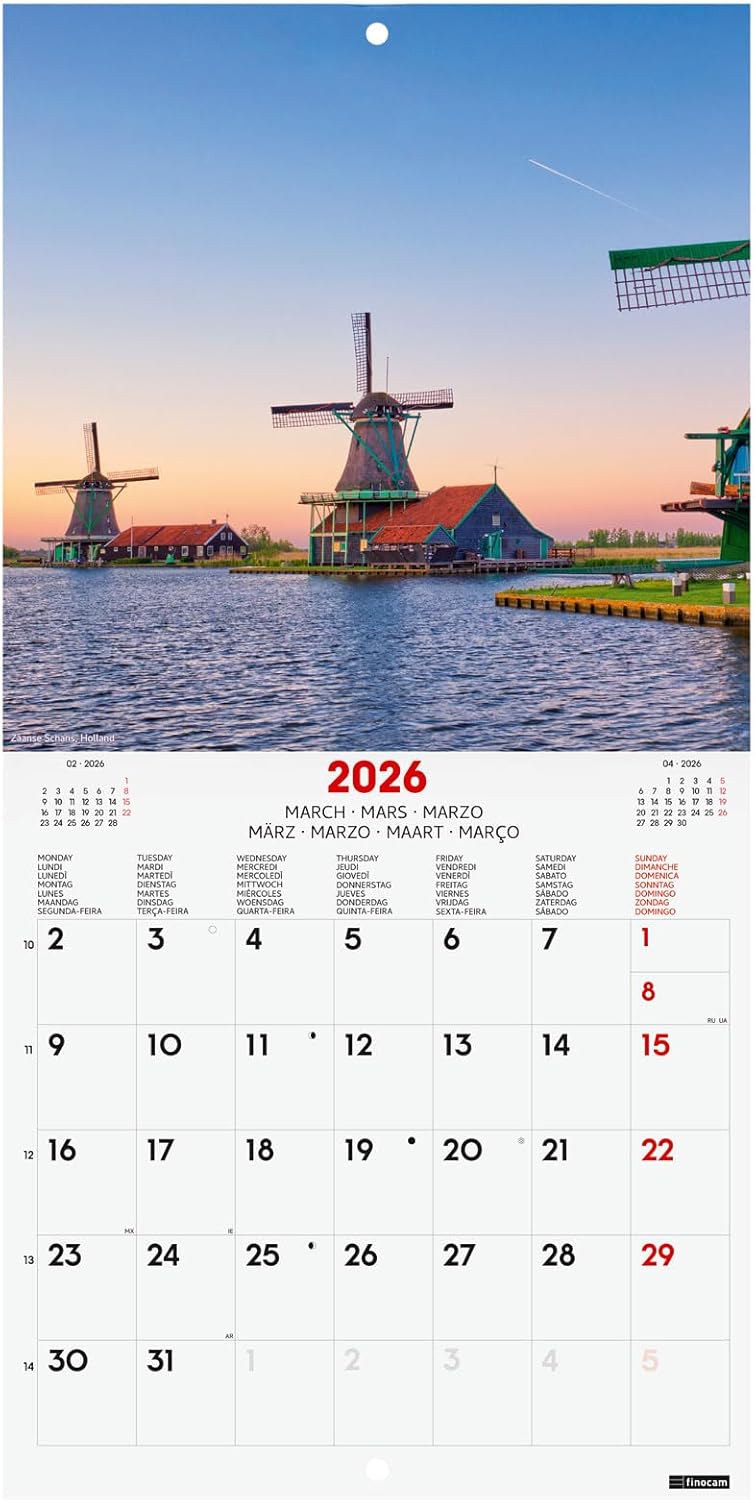 Detalle de Finocam Calendrier mural 2026 18 x 18 cm – Janvier 2026 à Décembre 2026 + Sept.-Déc. 2025 (4 mois réduits)