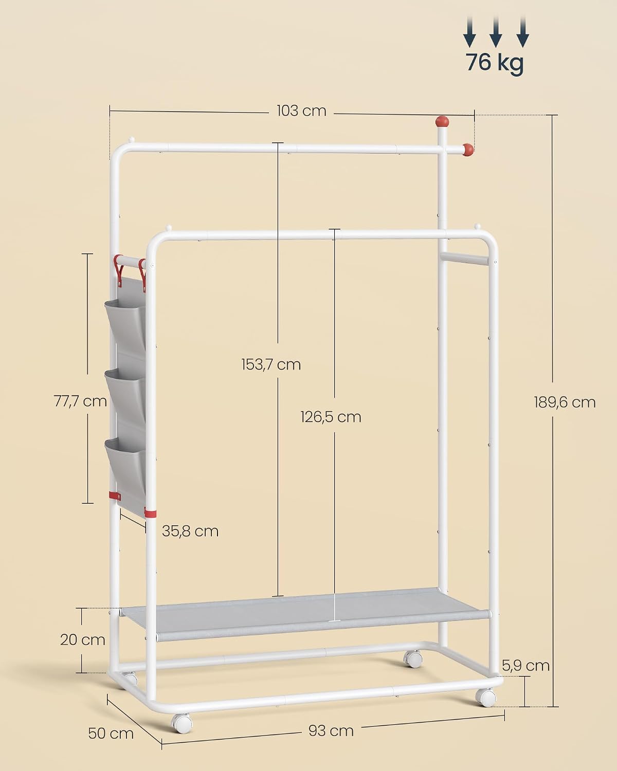 Detalle 2 de SONGMICS HOME ZINA Collection HSR171W01 kledingrek met wielen en twee roedes