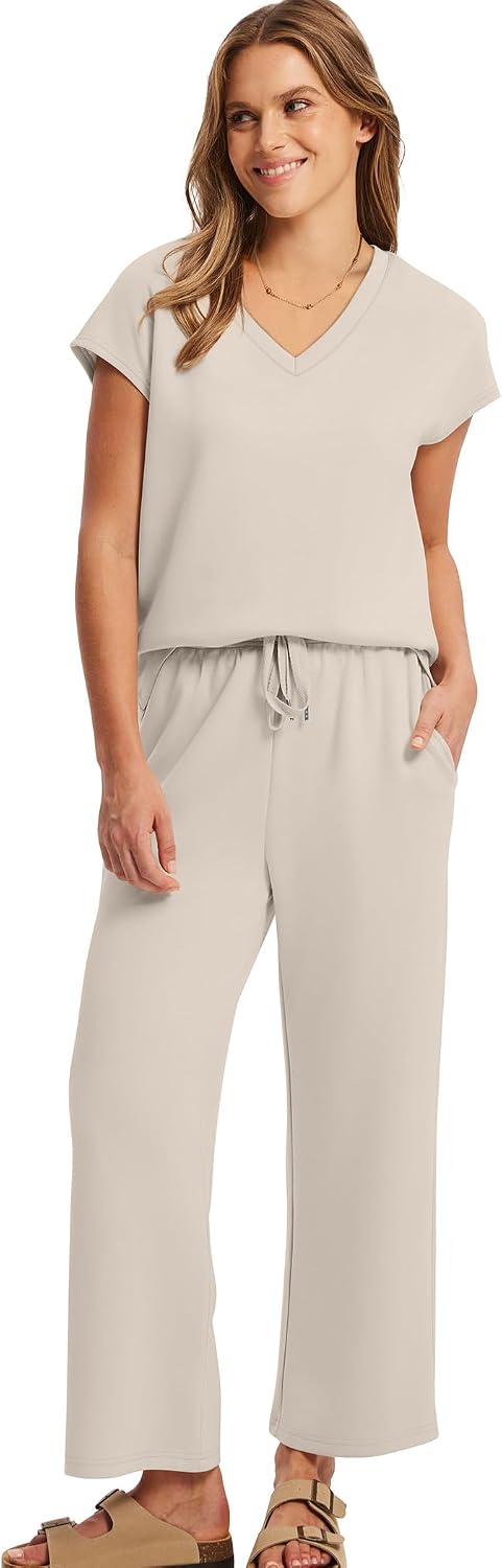 Thumbnail 2 de Saloogoe Two-Piece Summer Lounge Set: V-Neck Cap Sleeve Top + Wide-Leg Drawstring Pants