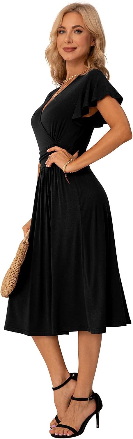 Detalle de GRECERELLE Womens Summer Wrap Dress – Floral V-Neck Ruffle Short Sleeve Beach Sundress (UK sizes S–2XL)