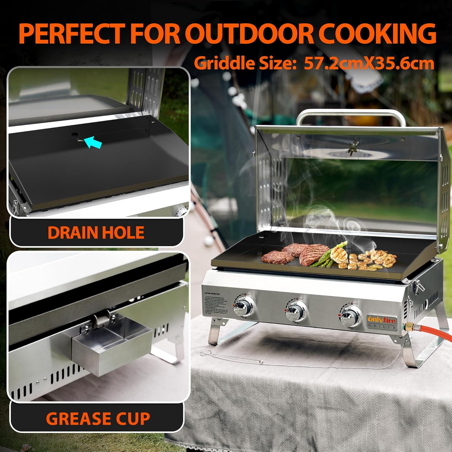 Thumbnail 4 de Onlyfire 3-Burner Gas Griddle portable tabletop with ceramic non-stick plancha, lid & thermometer