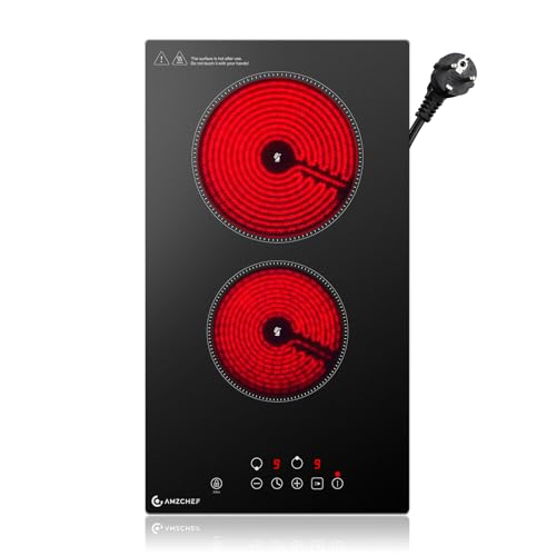 AMZCHEF Placa Vitrocerámica 2 Fuegos de Sobremesa/Empotrable, 3200W con 9 Niveles y Seguridad Completa