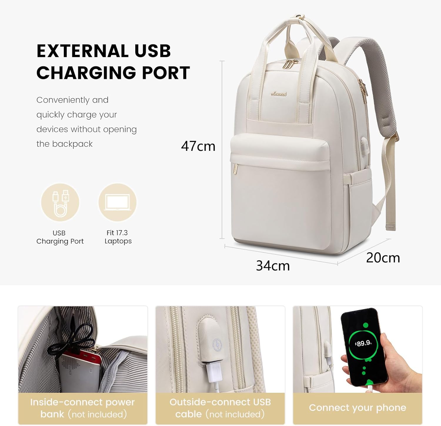 Thumbnail 3 de LOVEVOOK Women's Backpack 17.3 Inch Large Laptop Bag – Cream