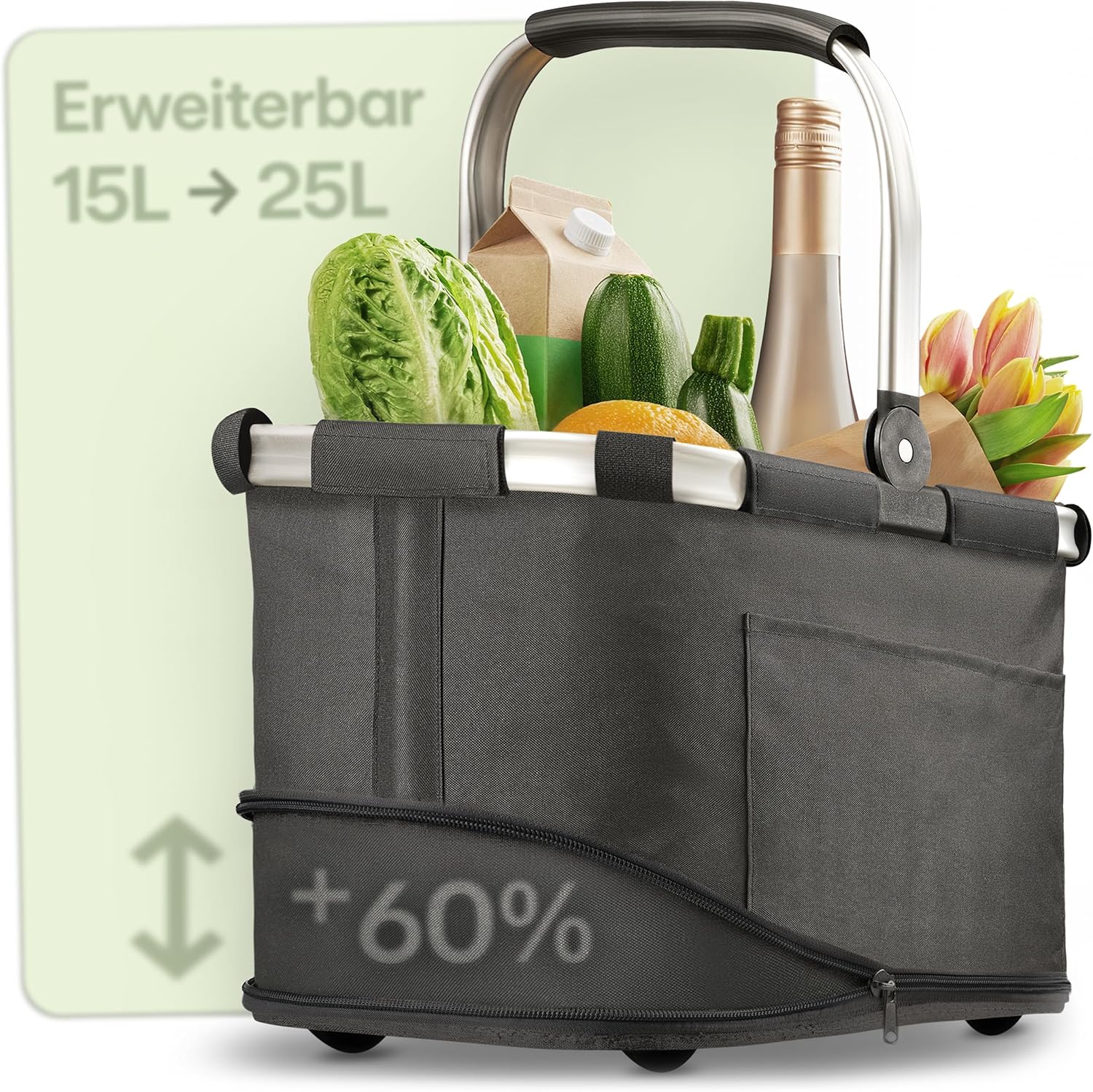 Detalle de Praknu Einkaufskorb Faltbar Klein – 2-in-1 Erweiterbar von 15L auf 35L, Abnehmbarer & Waschbarer Bezug
