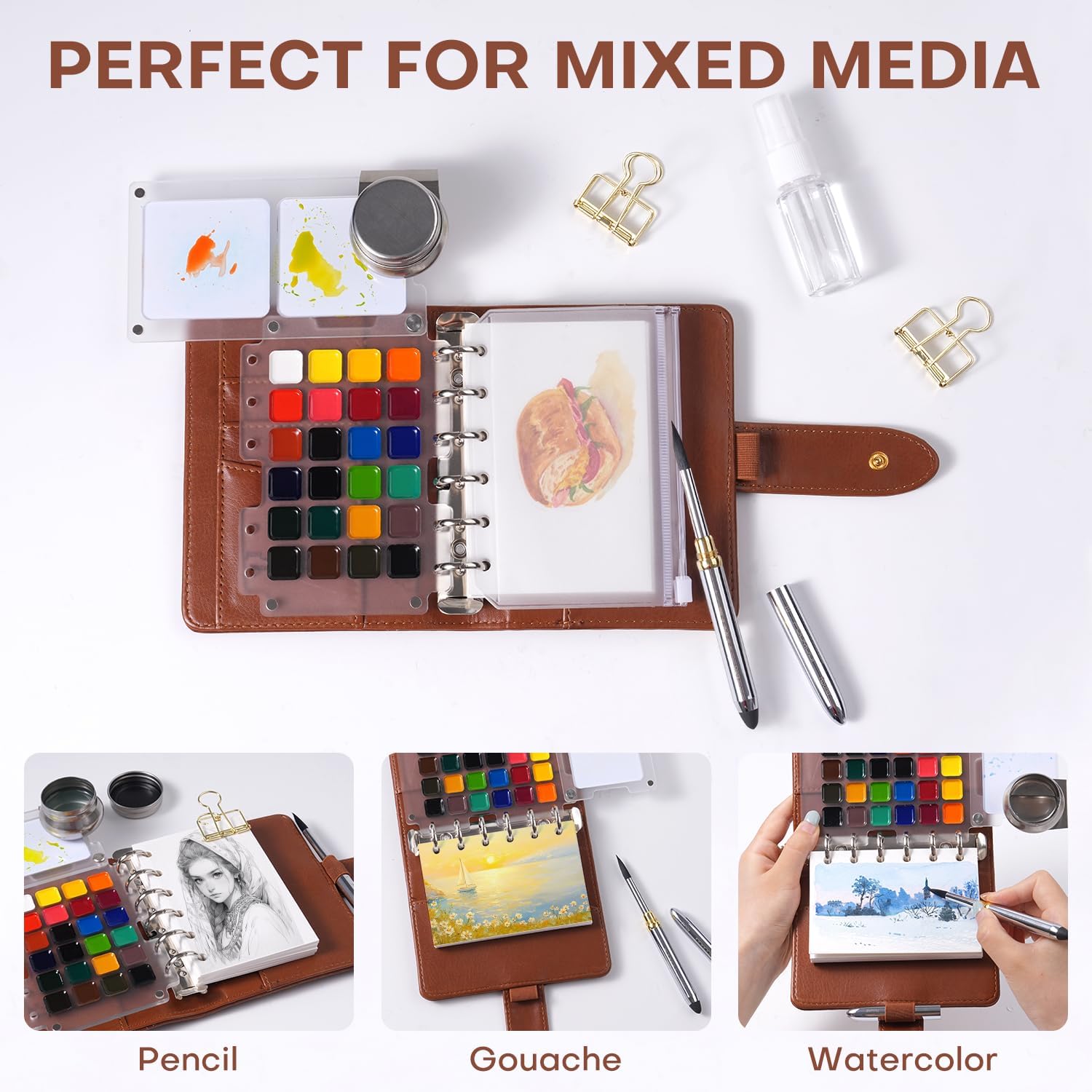Thumbnail 6 de Fuumuui Travel Watercolour Paint Set 24 Colours with PU Leather Cover and 20-Sheet Cotton Watercolour Paper
