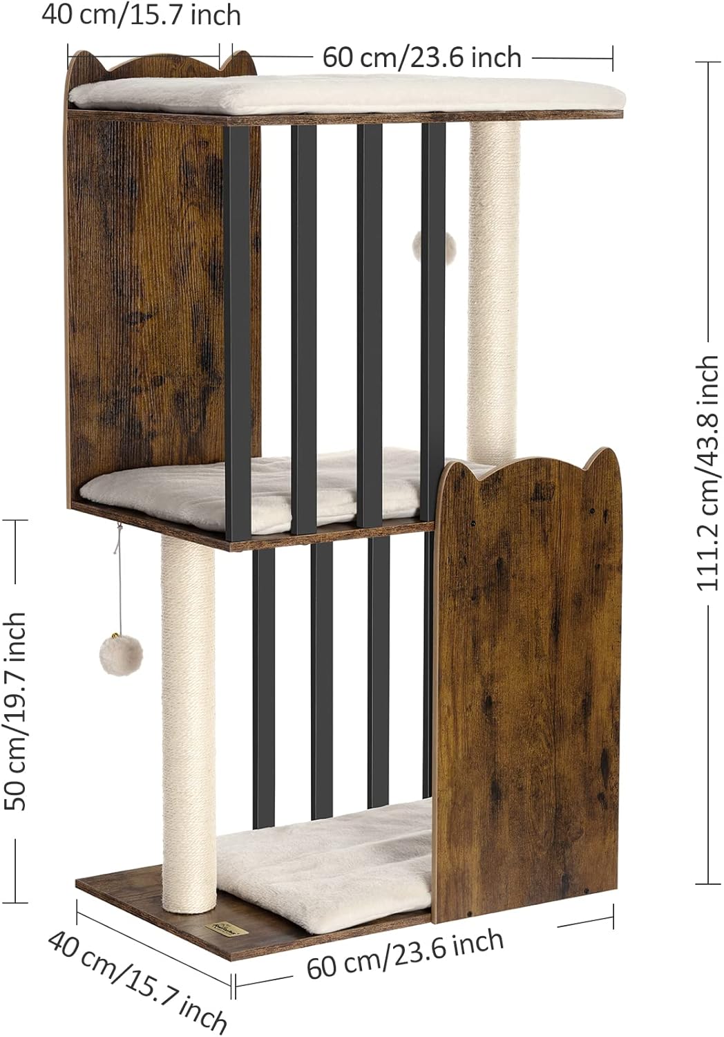 Thumbnail 6 de FourFurPets 3-stufiger Kratzbaum (111 cm) mit 2 Voll-Sisal-Kratzsäulen, 3 Plattformen – Vintagebraun