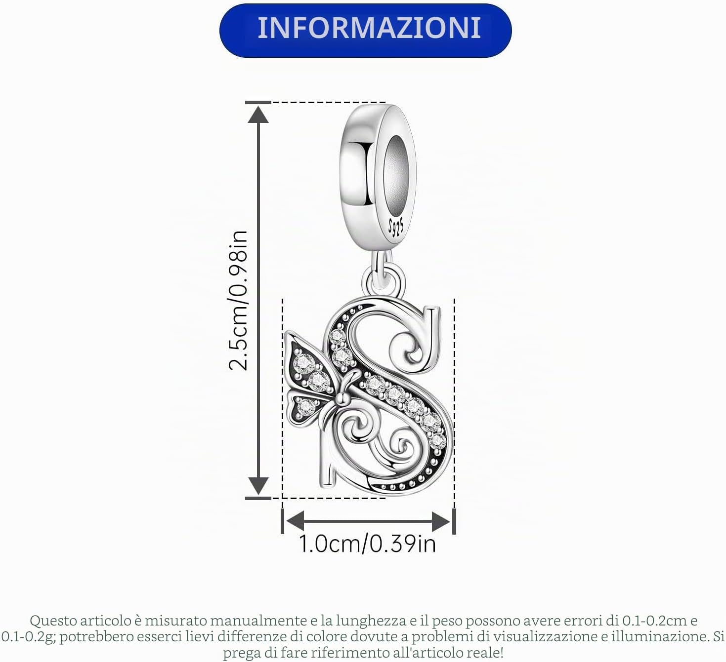 Detalle 2 de CYCUFF Ciondolo lettera A farfalla in argento 925 – compatibile con bracciali e collane europee