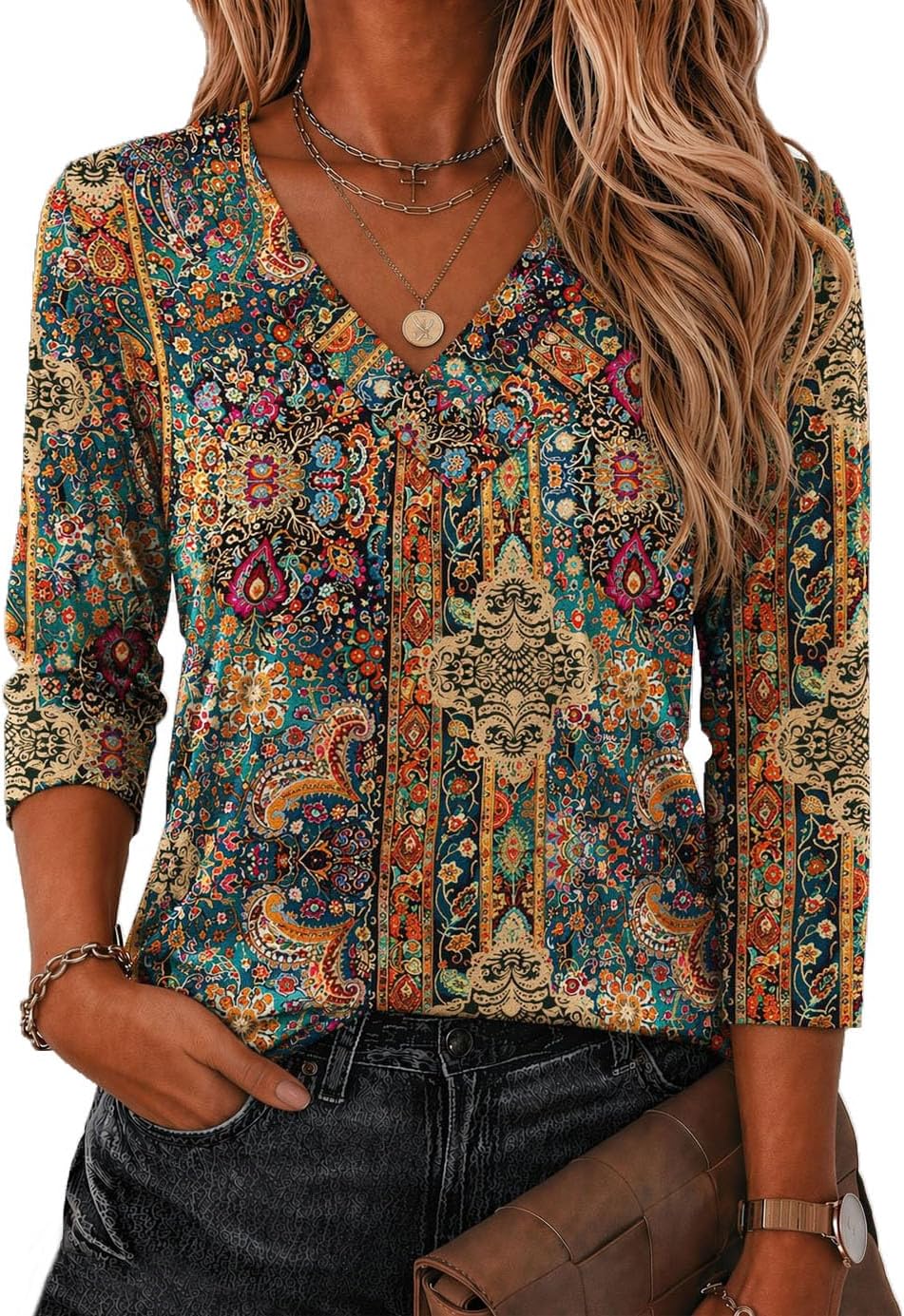 Detalle de Zeagoo 3/4 Sleeve V-Neck Dressy Casual Blouse (S-2XL)