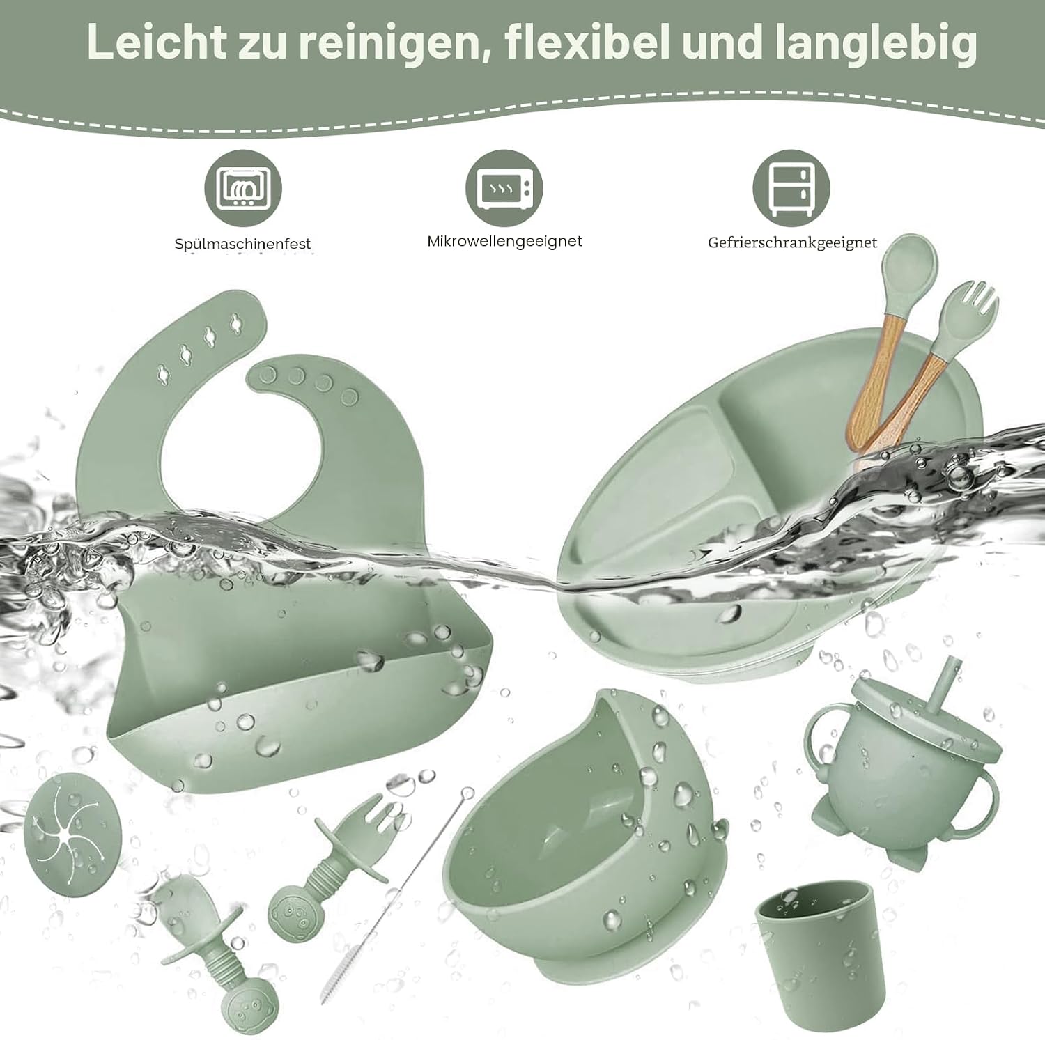 Thumbnail 3 de CUBTEM Baby Geschirrset (12-teilig) – Kindergeschirr mit Babylöffel, Trinklernbecher, Saugnapf & Silikon-Lätzchen