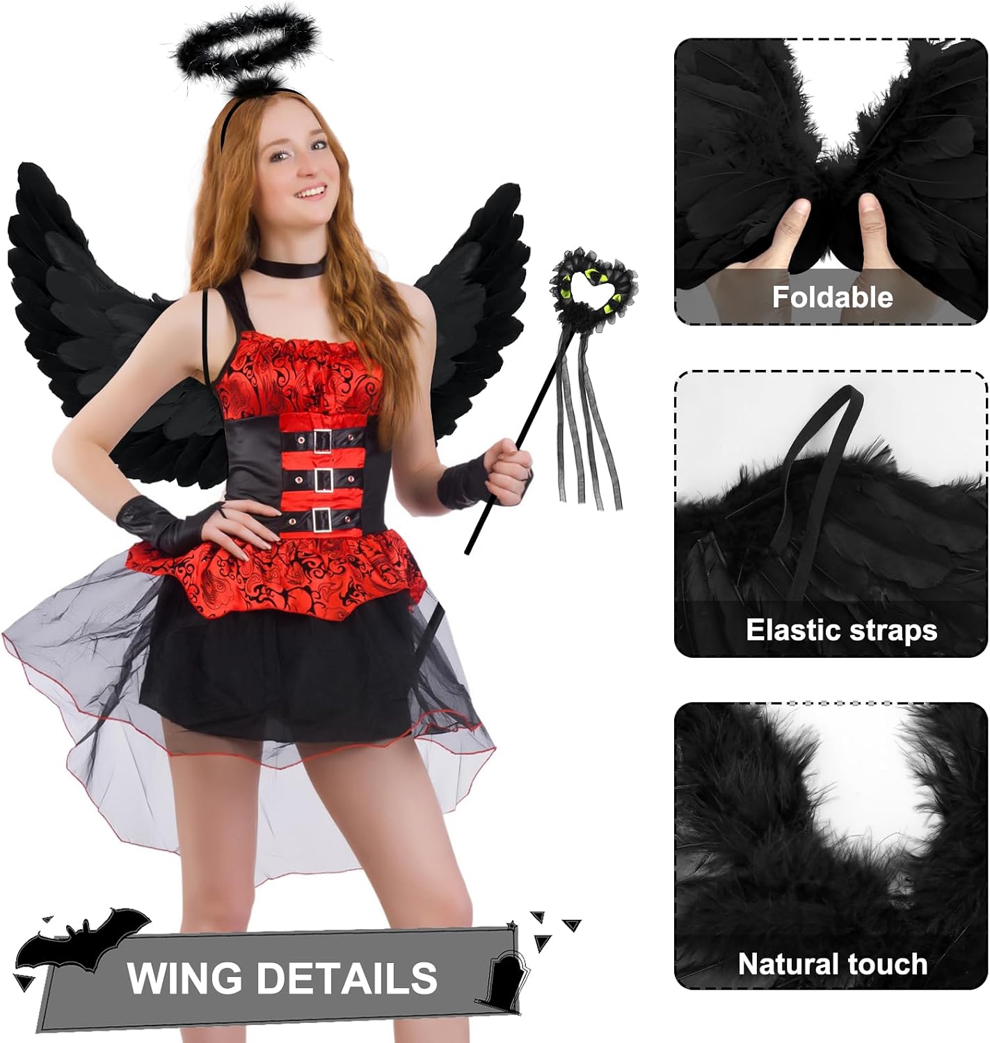 Thumbnail 4 de Newthinking Angel Wings and Halo Costume Set (Black) for Adults & Kids, 65 x 35cm