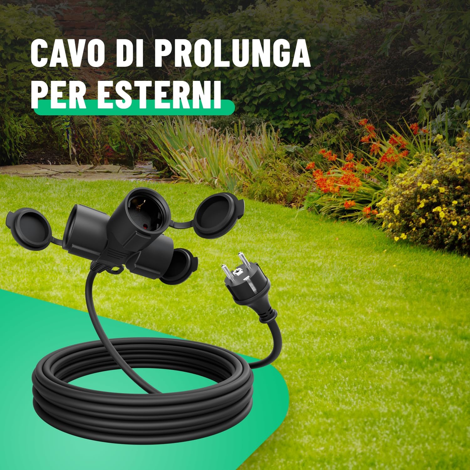Detalle de Prolunga elettrica IP44 da 5 m con 3 prese – Greate, 3500W, 16A, cavo robusto in gomma