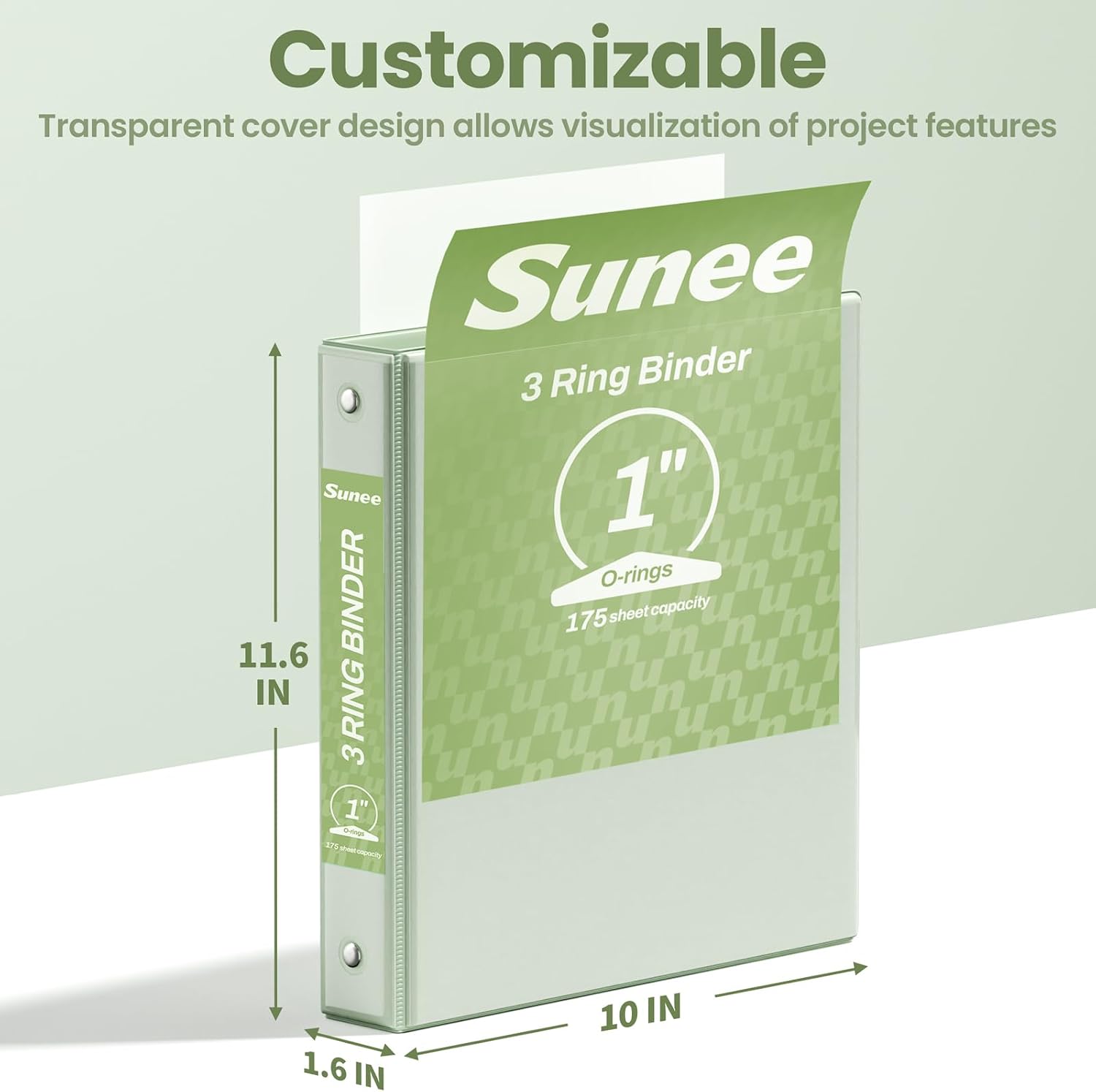 Thumbnail 6 de SUNEE 1-Inch 3-Ring Binder, PVC-Free Clear View, Sage Green, Letter Size