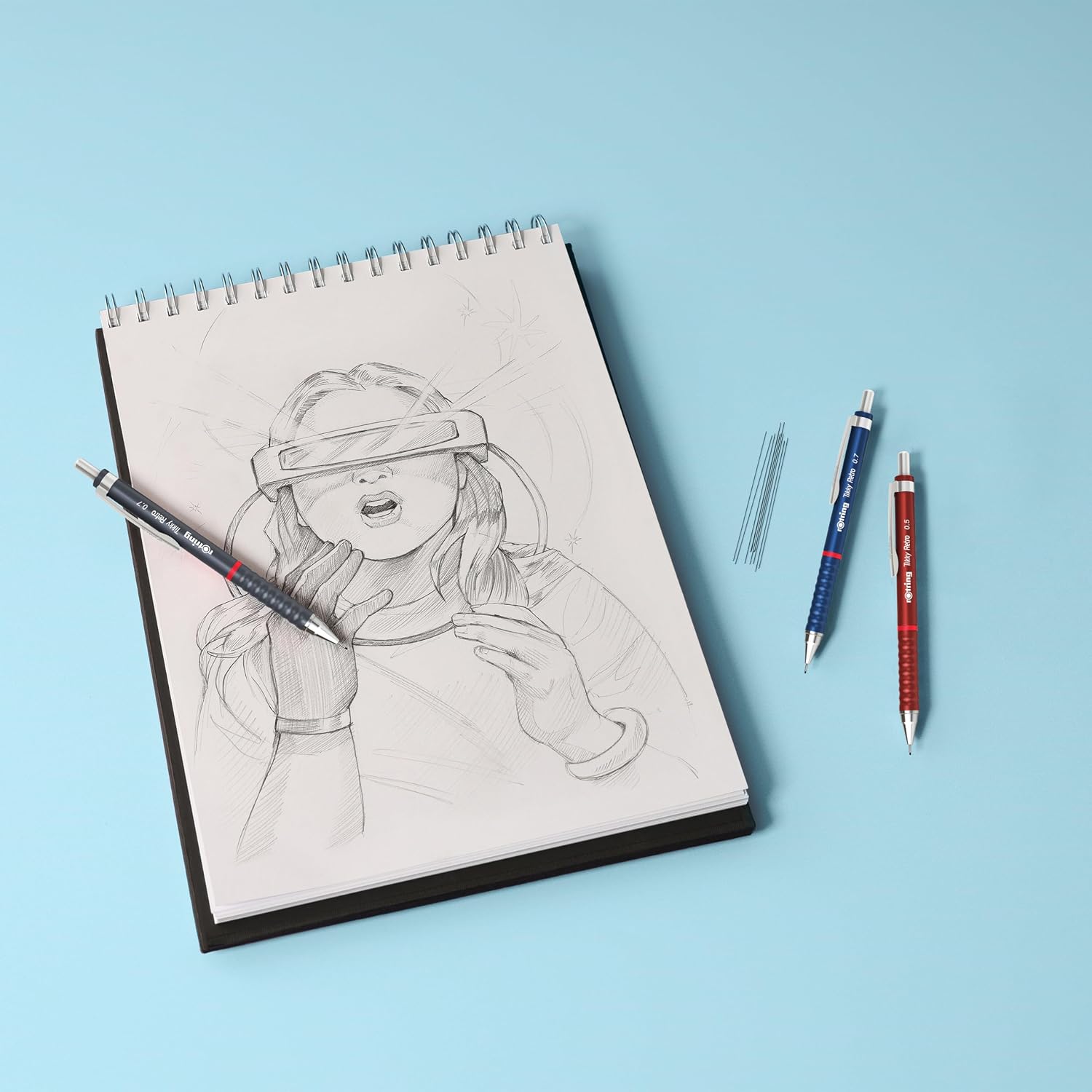 Detalle 1 de rOtring Tikky Retro stiftpennor, 2B 0,5 mm, blå med våggrepp, 12-pack