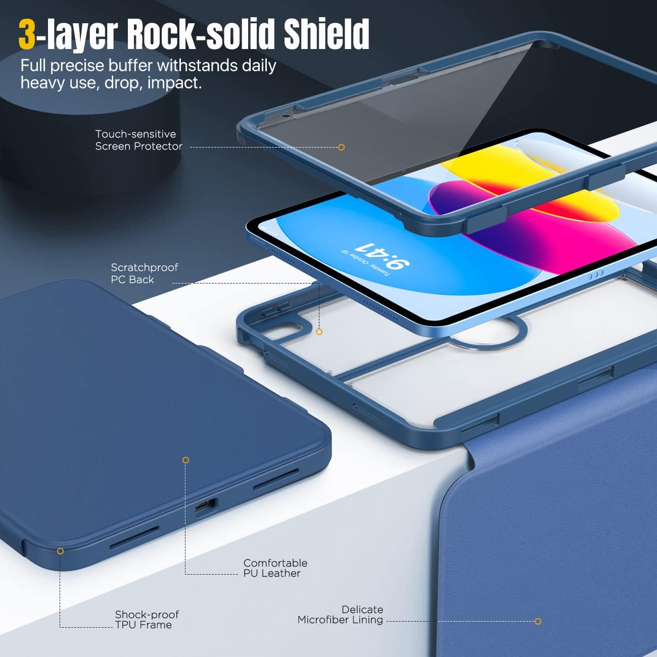 Thumbnail 2 de MoKo iPad 11-inch (A16) & iPad 10.9-inch 2022 case with screen protector, pencil holder and multi-angle stand (Navy Blue)