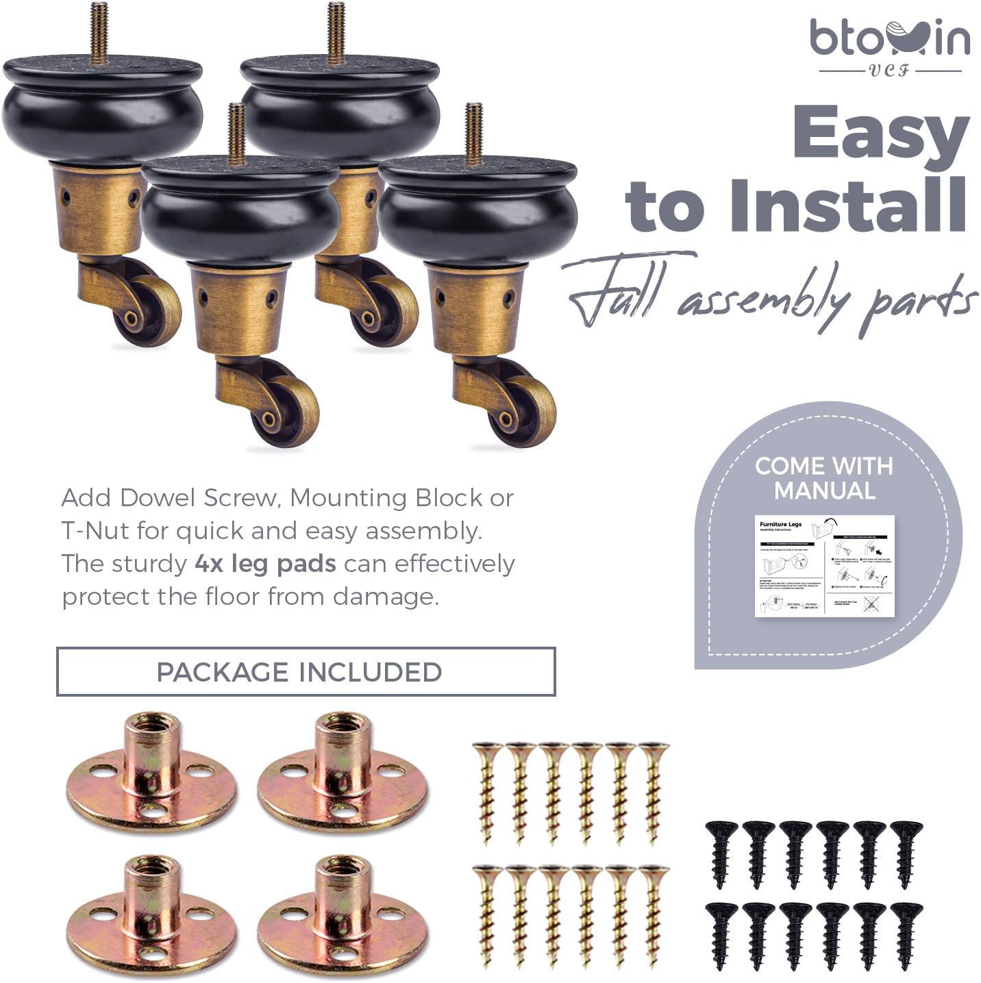Detalle 1 de Btowin 4-inch Solid Wood Furniture Legs with Swivel Casters, M8 Bolts and Walnut Finish