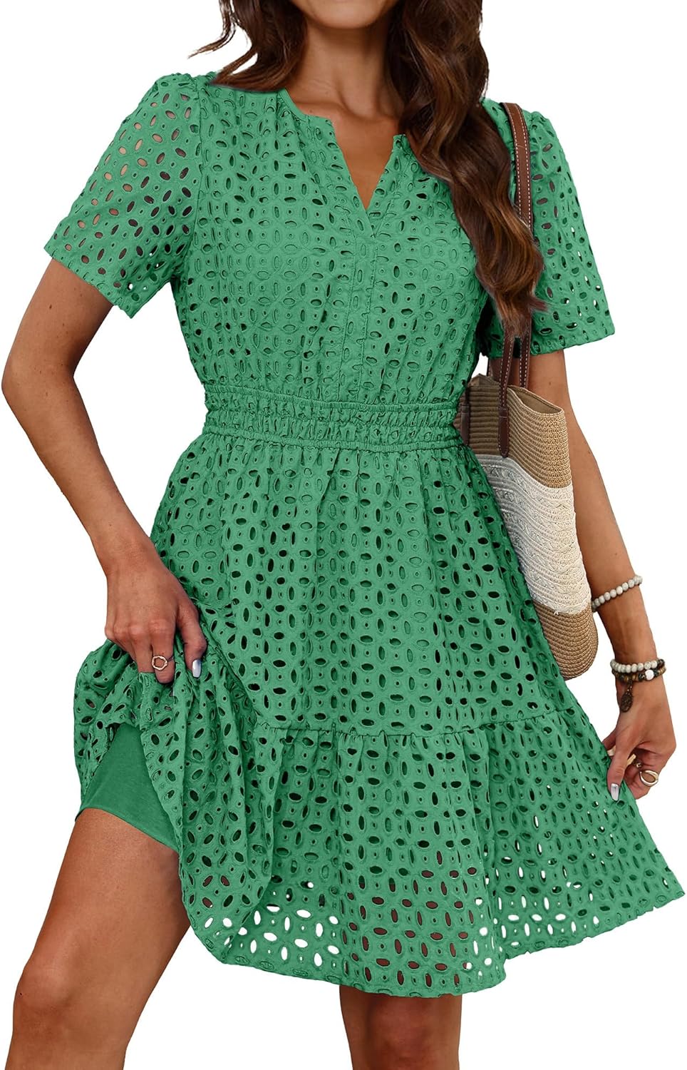 Thumbnail 3 de RUMIA Women's Dresses 2026 Summer V-Neck Eyelet Lace A-Line Short Dress