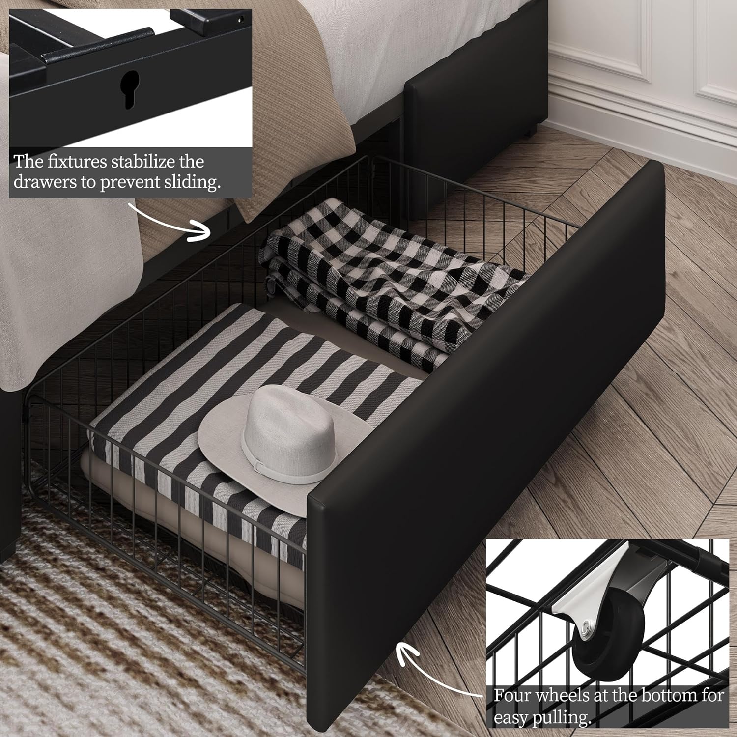 Detalle de Yaheetech Queen Bed Frame with 3 Drawers and Adjustable Headboard, Black