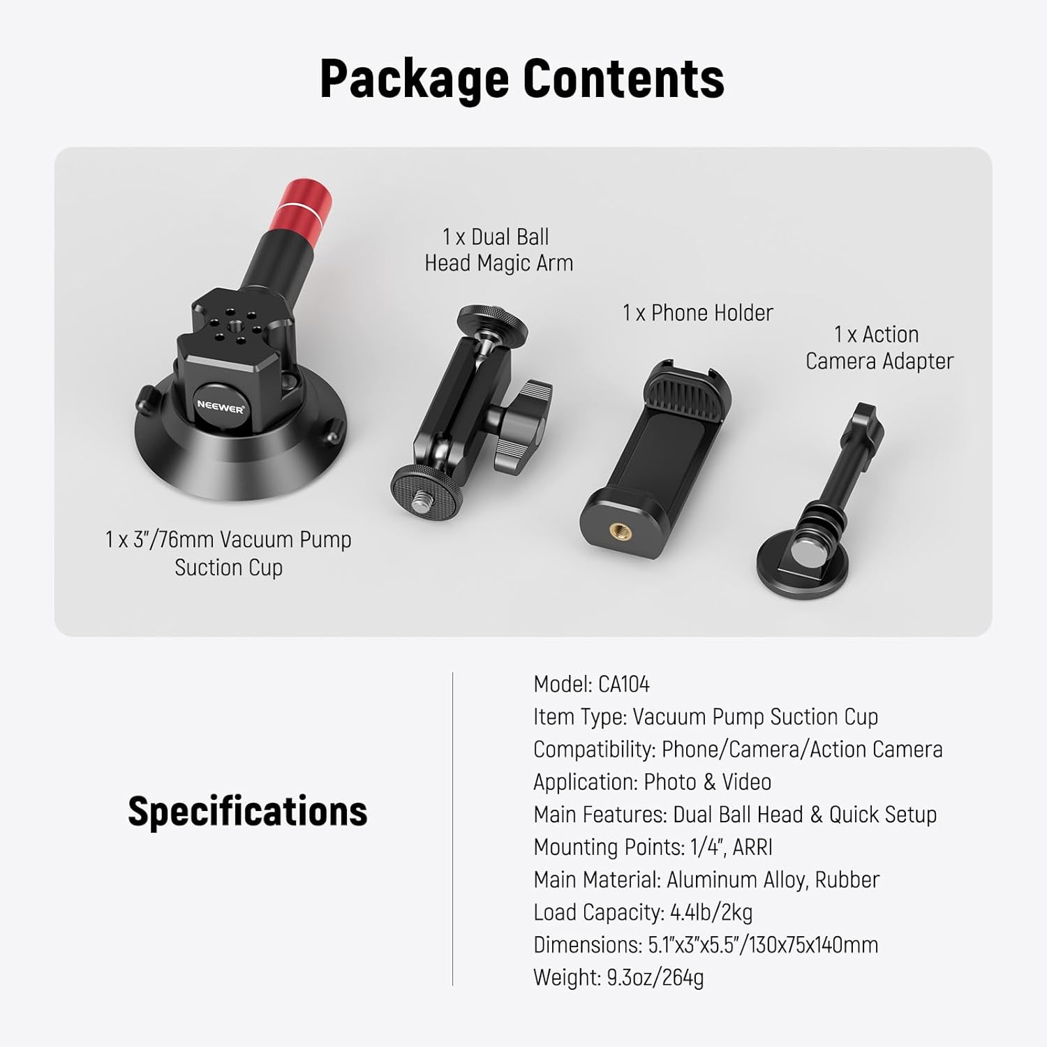 Thumbnail 6 de NEEWER 3" Suction Cup Camera Mount Bracket with Ball Head Magic Arm (1/4" ARRI holes) – CA104