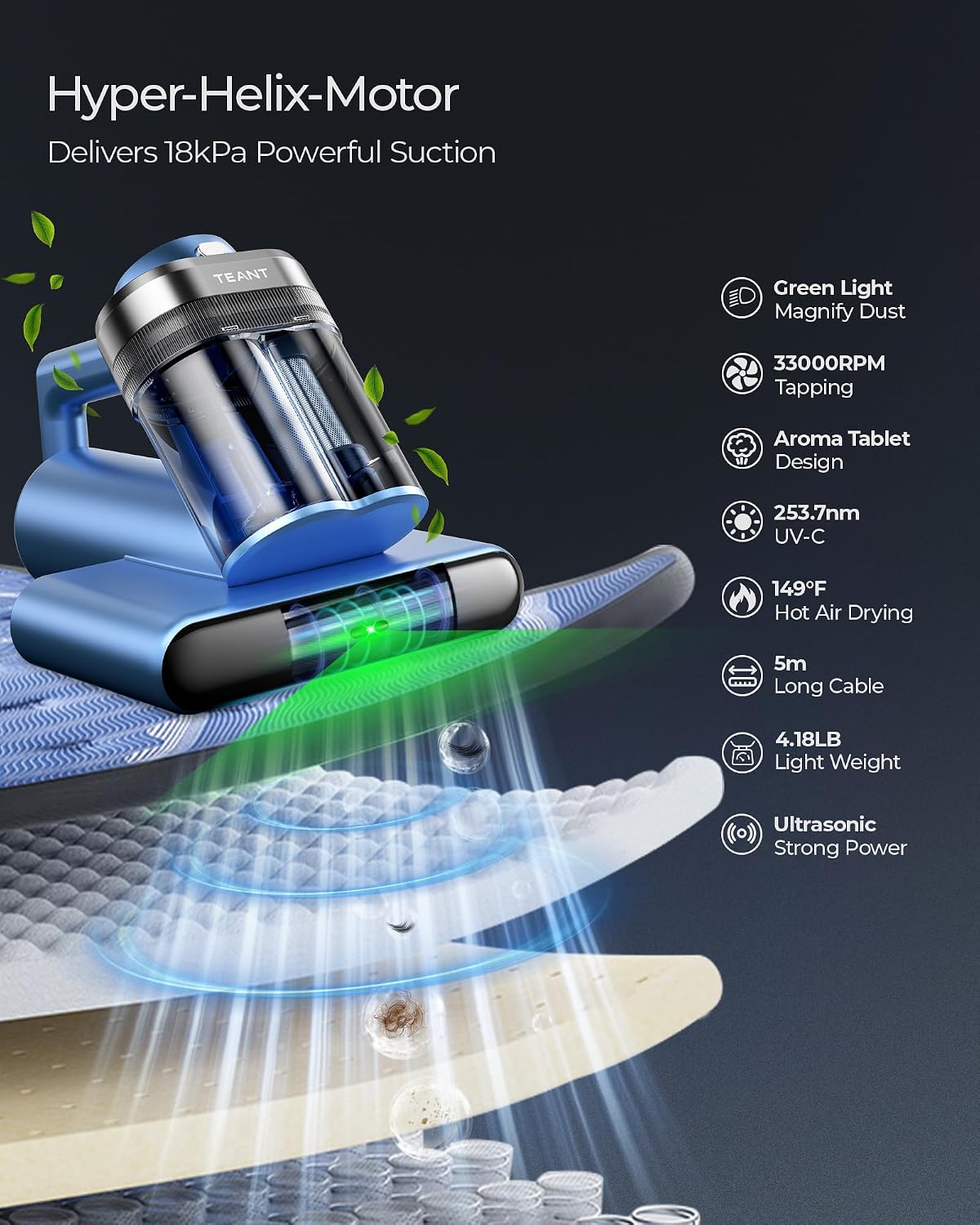 Detalle de Teant Bed Mattress Vacuum with UV-C, Ultrasonic, Green Light Dust Detection, and 149°F Heat