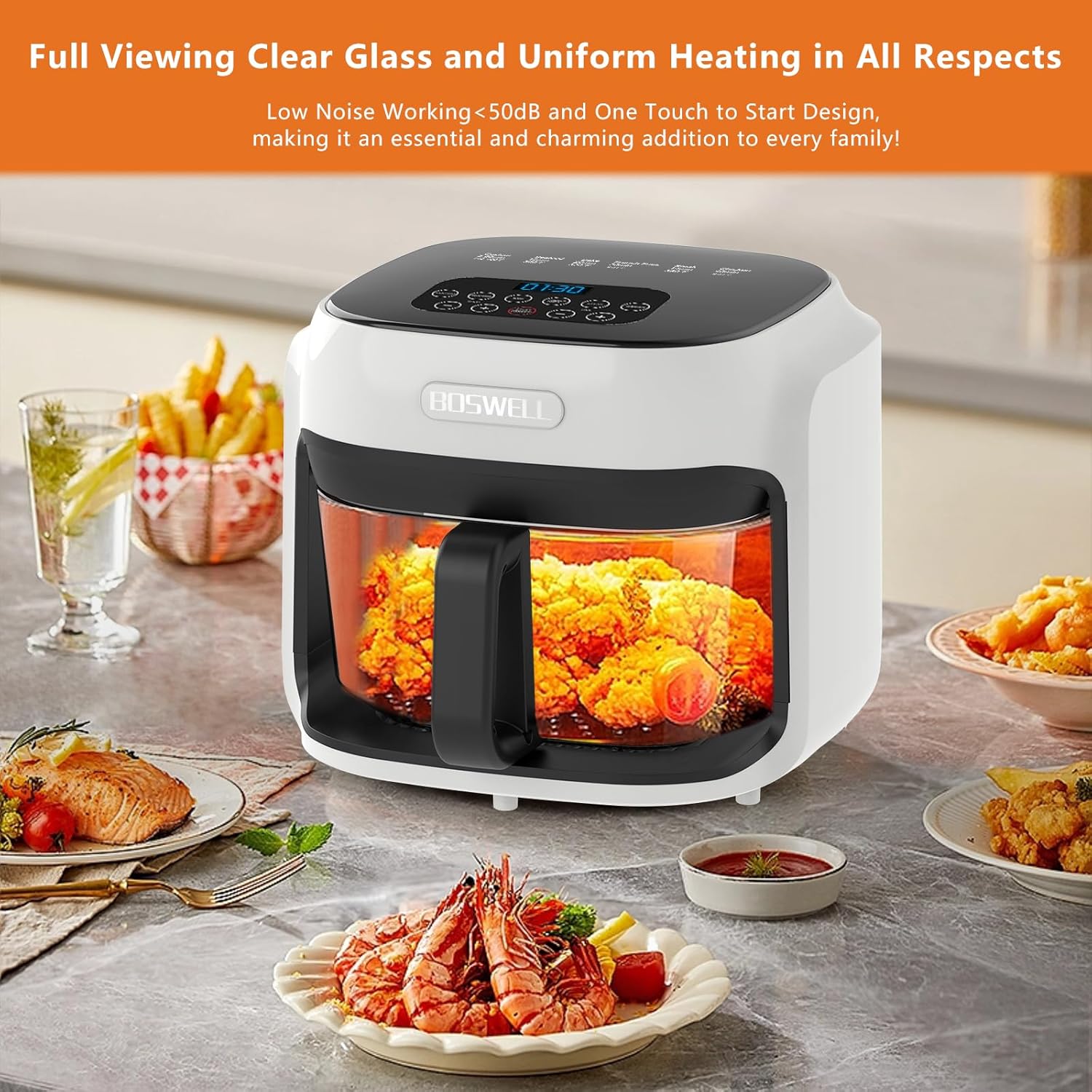 Thumbnail 5 de BOSWELL Glass Air Fryer (7.5QT) with Transparent Fry Bowl, 1800W Rapid Heating, Dishwasher-Safe Design (White)