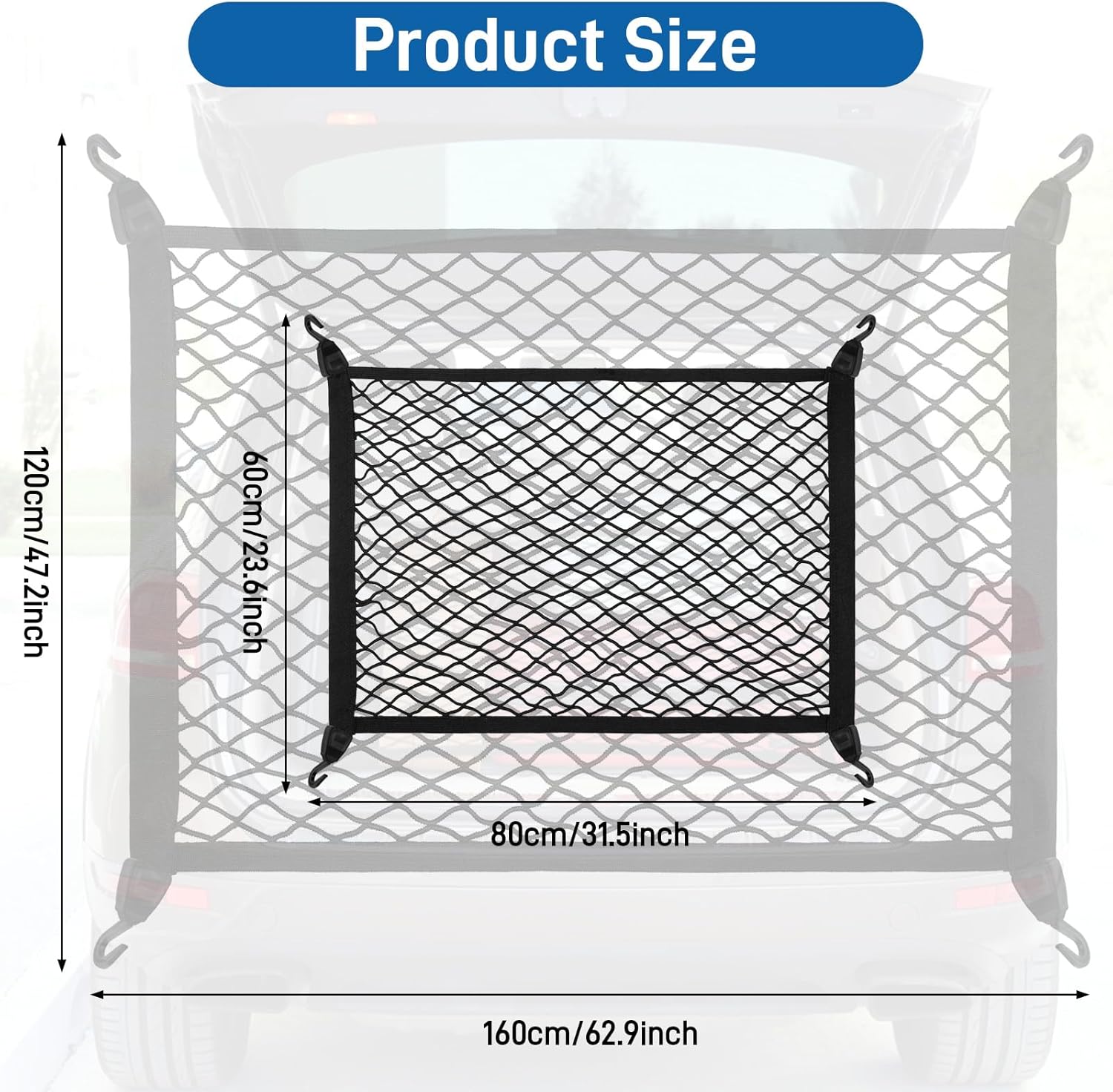 Thumbnail 1 de Yimomoyi Cargo Net 80x60cm – Elastic Nylon Baggage Net for Car Boot, Trunk, SUV, with 4 Hooks