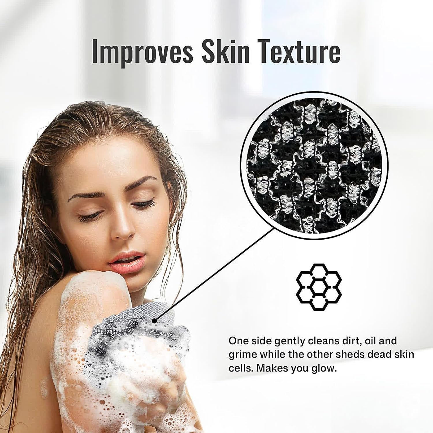 Detalle de ANWEIXUE 2 Pcs Japanese Exfoliating Shower Towel – Antibacterial Treated Fabric, Black & Pink
