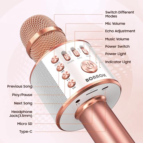Detalle de BONAOK Wireless Bluetooth Karaoke Microphone (Q37 Rose Gold) – 3-in-1 Portable Mic, Speaker, and Recorder