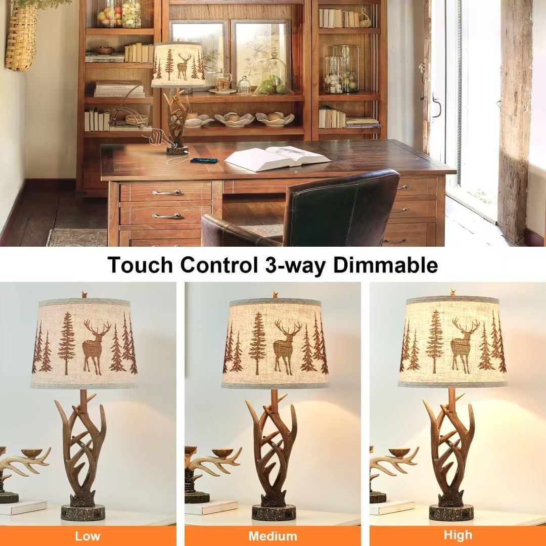 Detalle 2 de Dungoo DG-Deer3-GRY 26" Rustic Antler Table Lamp Set with Touch Dimming and USB
