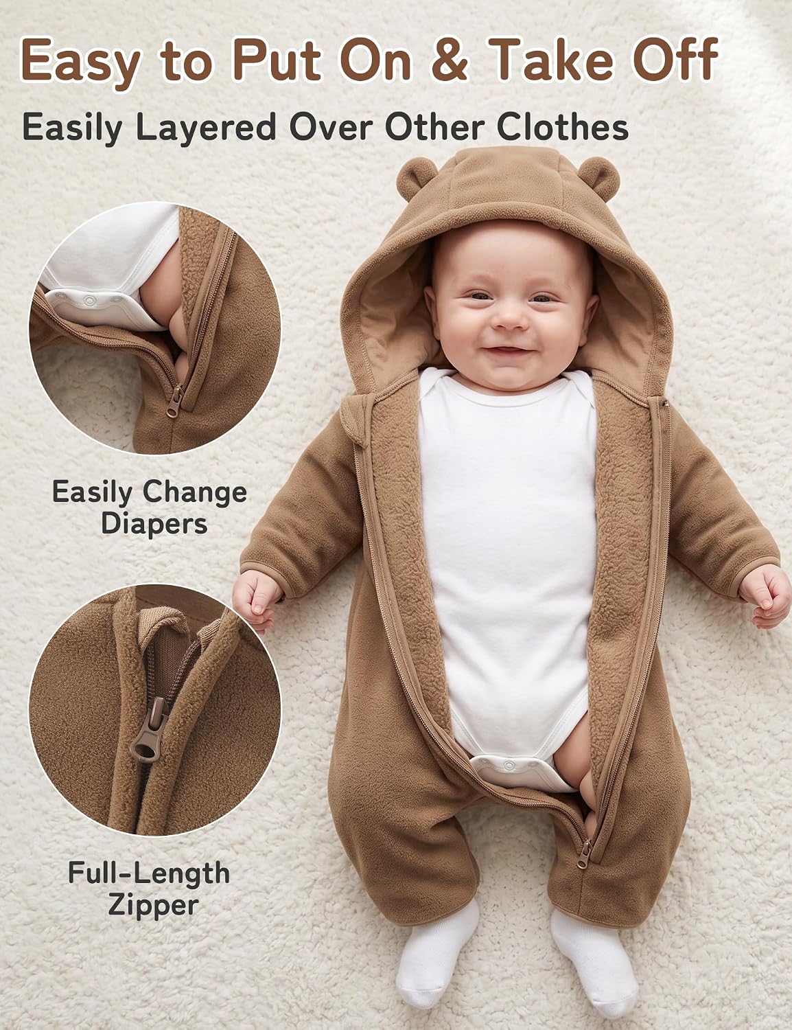 Thumbnail 6 de Babymine Newborn Bear Snowsuit, Winter Fleece with Hood, Mittens and Footies