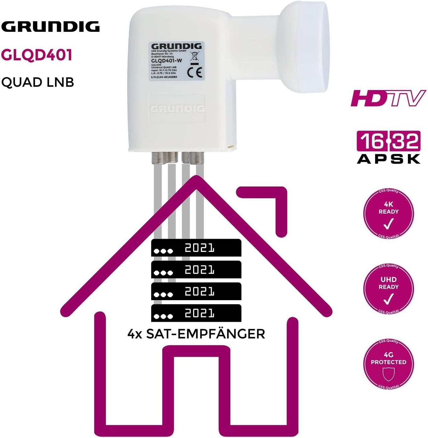 Thumbnail 2 de GSS Quad LNB Weiss – Digital 4-fach Quad LNB für Satellitenempfang (4 Teilnehmer) mit LTE-Filter