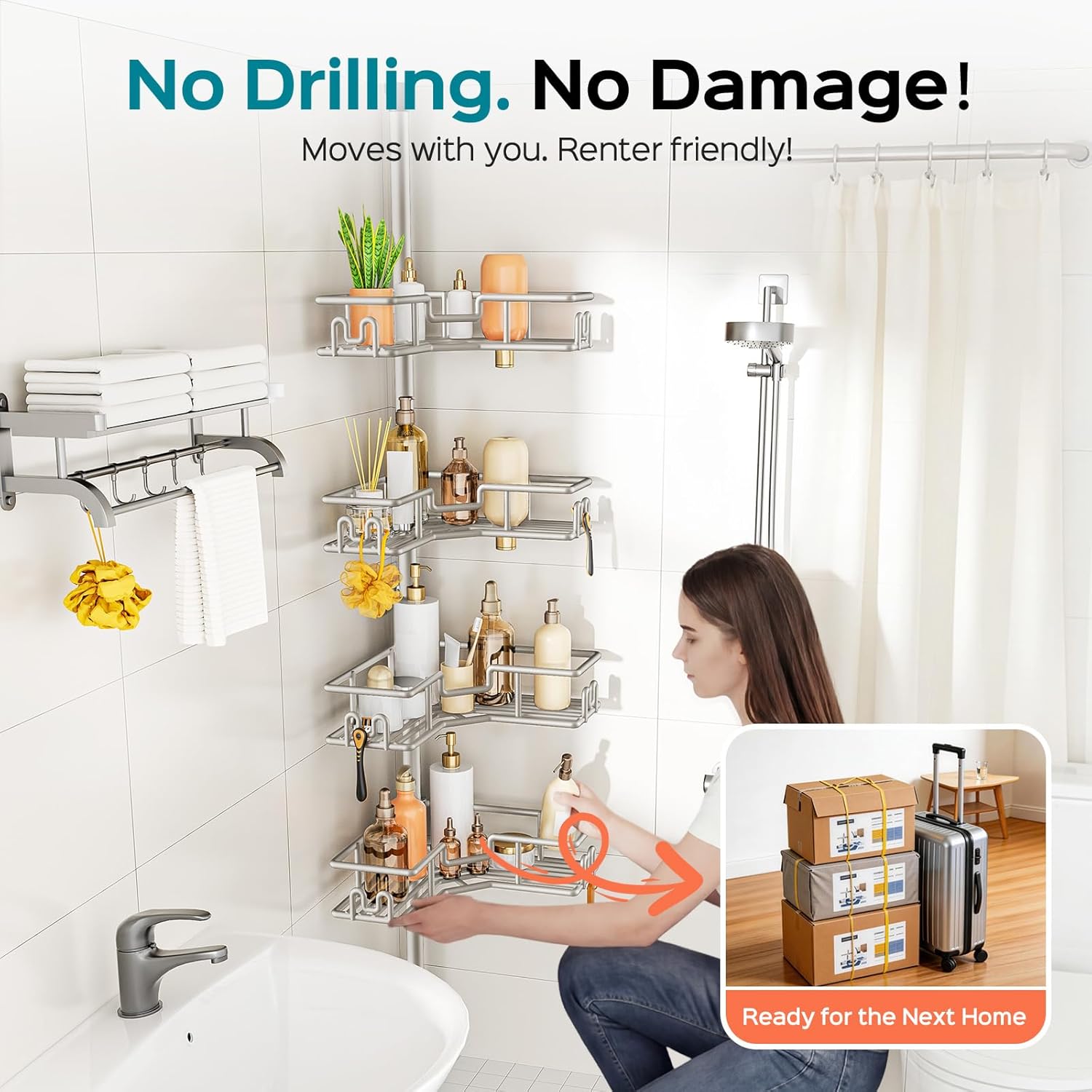 Thumbnail 6 de HAMITOR Telescopic Shower Caddy Corner: 4-Tier No-Drill Rustproof Storage for Renters