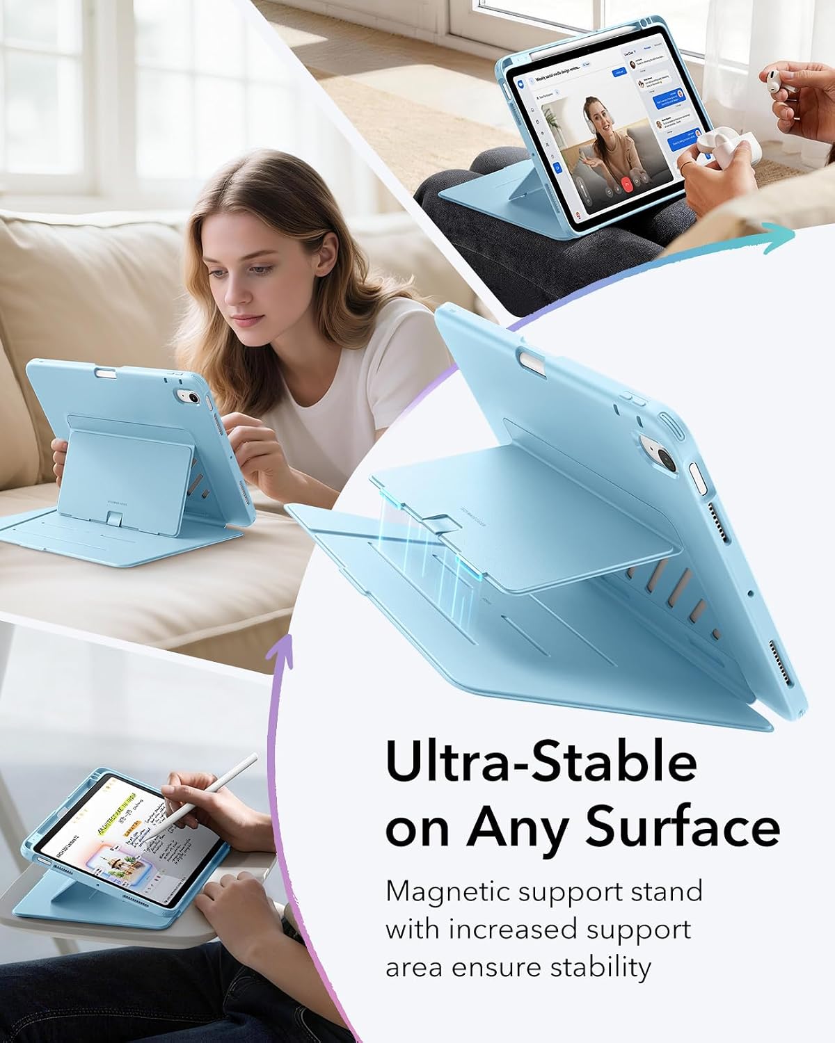 Detalle de ESR Hülle für iPad Air 11 Zoll M4/M3/M2 (2026/2025/2024) – Vertikalsäule, Mehrwinkel-Stand, Ultrastabil, Hellblau